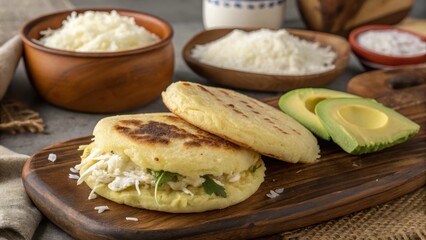 Savory Arepas with Creamy Filling and Avocado Slices on Rustic Wooden Board