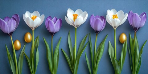 A vibrant display of purple and white flowers surrounding a shimmering golden egg, symbolizing renewal and celebration during the Easter season.