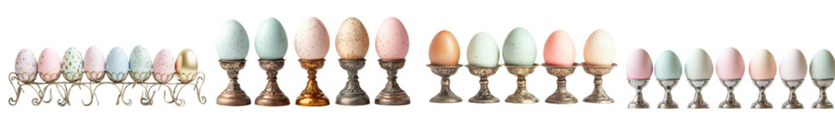 Vintage pastel colored Easter eggs displayed in a collection on antique metal and ceramic stands  A...
