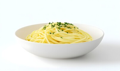 Studio shot of simple pasta dish, garnished with parsley, on white background, for food blogs