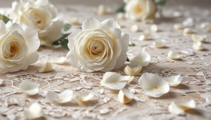 Softly fallen white rose petals on a delicate lace backdrop, luxury ambiance, vintage charm, peaceful