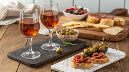 Naklejka premium A delightful spread of tapas, featuring savory cured meat crostini, olives, crispbread, and two glasses of sparkling amber wine, set on a rustic wooden table