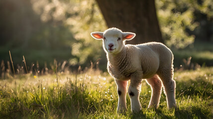 Obraz premium A young lamb standing in a meadow with soft sunlight filtering through the trees