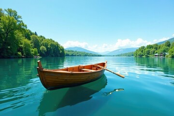 Fototapeta premium A wooden rowboat glides across the lake under a clear blue sky, lake, sailing