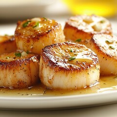 Savor baked scallops with melting butter coastal kitchen gourmet cuisine cozy atmosphere close-up delicious seafood delight