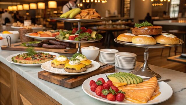 A lavish breakfast buffet display with assorted pastries, eggs benedict, fresh fruit, and savory options
