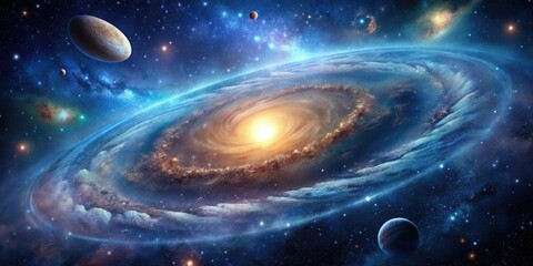 Space background with a large galaxy in the center surrounded by stars and planets, cosmos, galaxy, celestial, space, stars