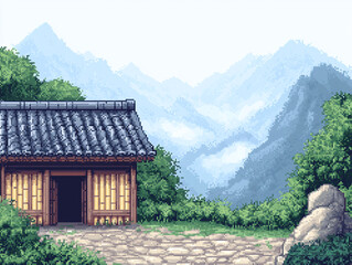 Pixel Art Japanese Cottage in Misty Mountains