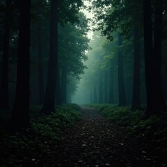 Obraz premium Dark forest foliage with misty atmosphere on black grunge background, dark, darkness, forest