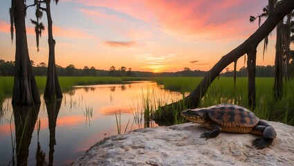 Fototapeta premium Whispers at Dusk: An Alabama Sunset Over the Marsh