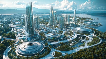 Futuristic Urban Landscape with Modern Skyscrapers and Green Spaces