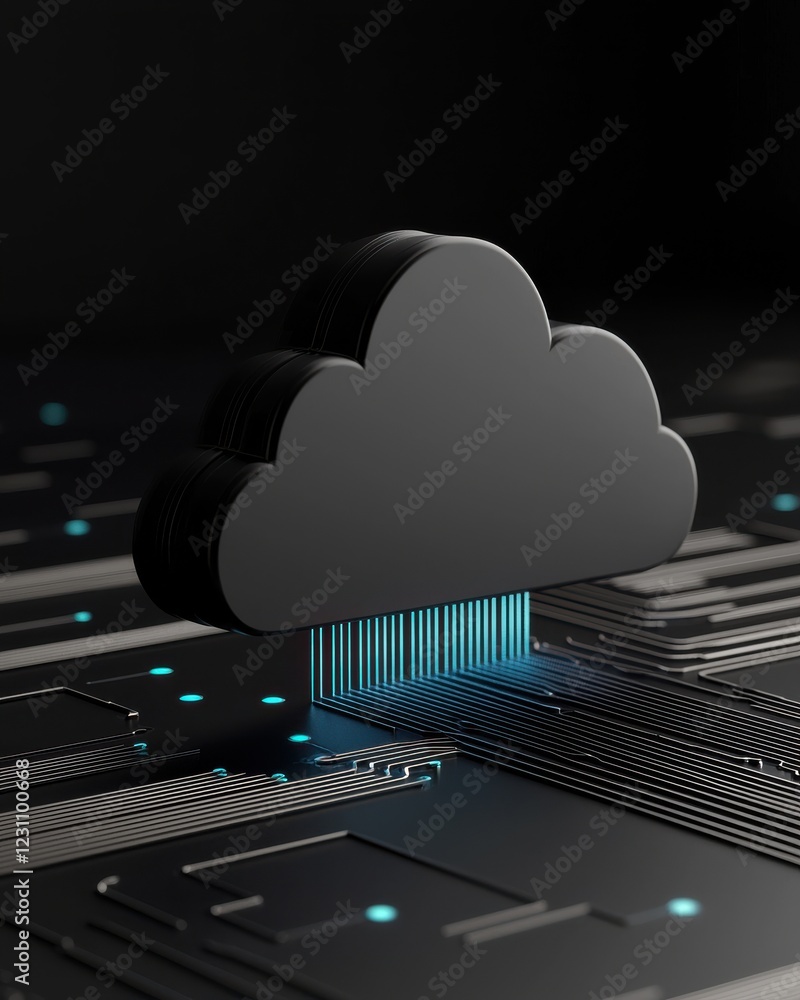 Poster a sleek black cloud symbolizing cloud computing sits on a circuit board, illuminated by blue lights,