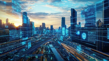 Obraz premium Futuristic Cityscape with Skyscrapers and Digital Overlay at Sunset