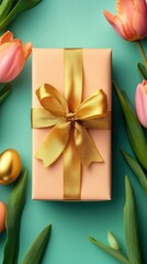 Fototapeta premium A beautifully wrapped gift box adorned with a shiny gold ribbon, accompanied by a decorative gold egg, symbolizing the joy of Easter celebrations.