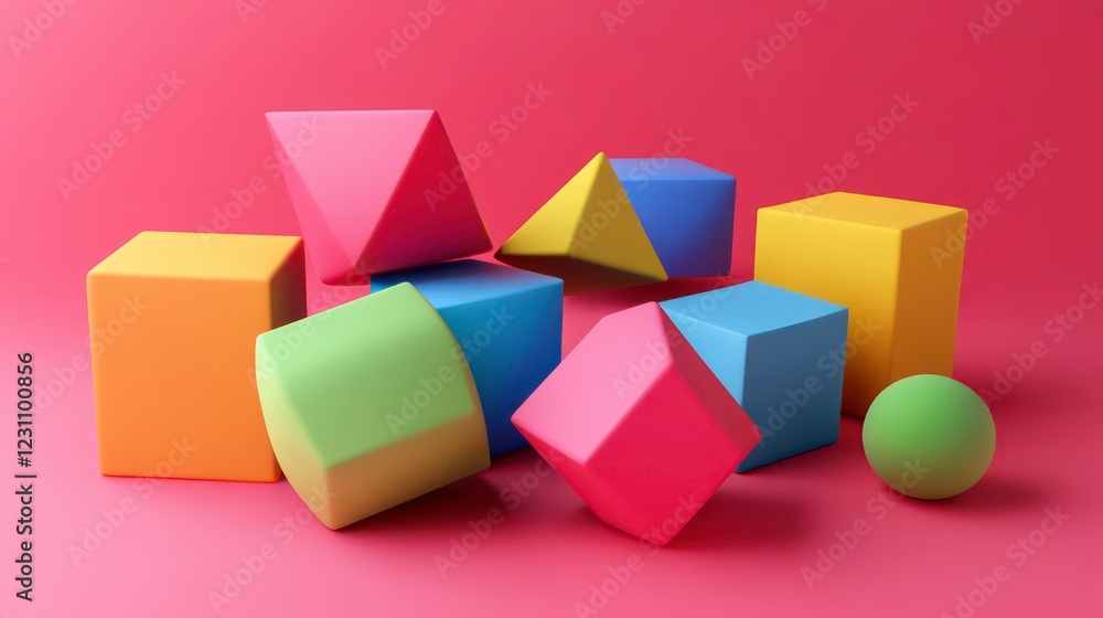 Poster 3d rendering of colorful geometric shapes on a pink background. isolated on a solid pink background.