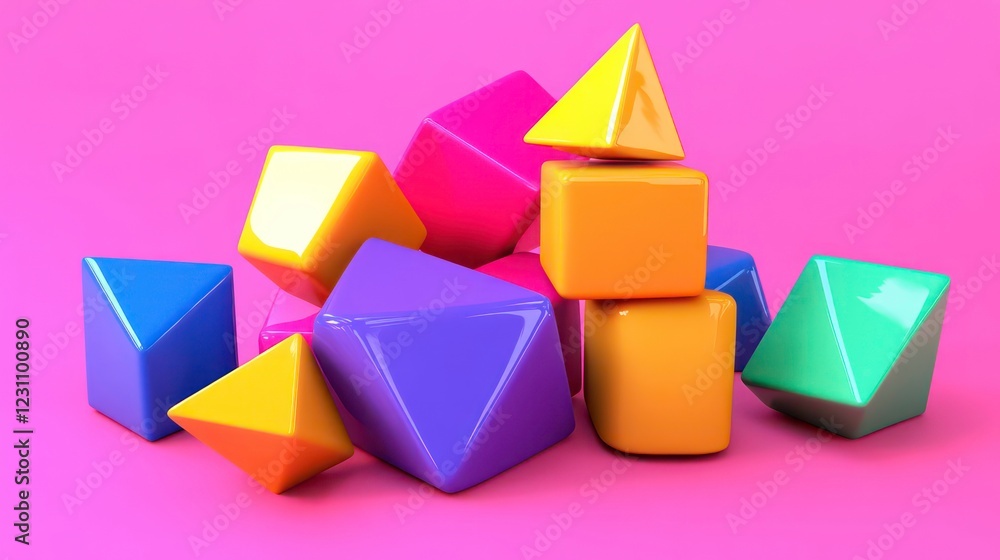 Poster 3d rendering of colorful geometric shapes on a pink background. isolated on a solid pink background.