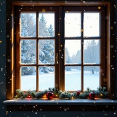 frosty windows with a festively decorated window sill, holiday cheer, frosty windows, seasonal decor