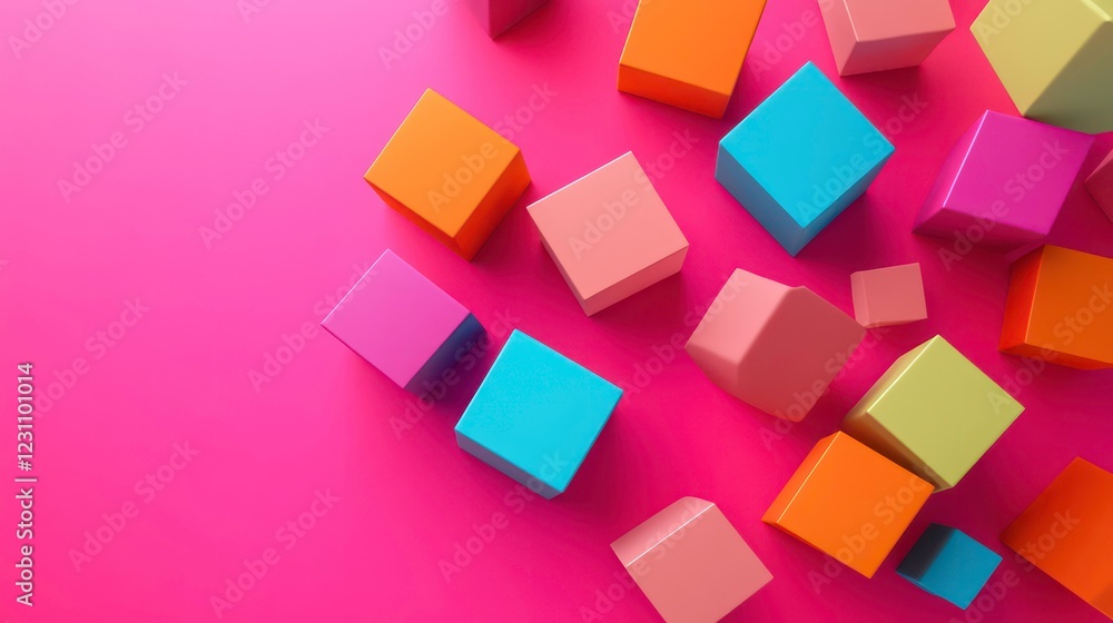 Poster 3d rendering of colorful geometric shapes on a pink background. isolated on a solid pink background.