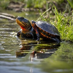 Obraz premium Riverbank Relaxation: Alabama Red-Bellied Cooters Basking in the Sun