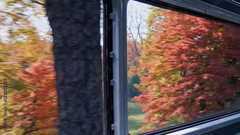 Poster video captures vibrant autumn foliage through a train window, creating a dynamic, colorful blur. sho