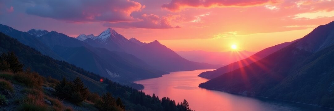Gentle sunset over a mountain range with a river, evenin sky, gentle, serene scenery