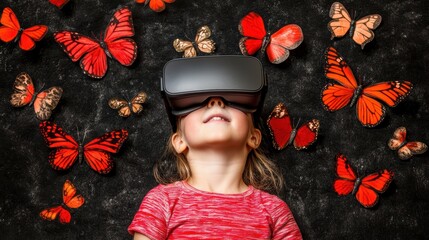 Child engaging with virtual reality surrounded by butterflies digital art indoor setting playful perspective imagination