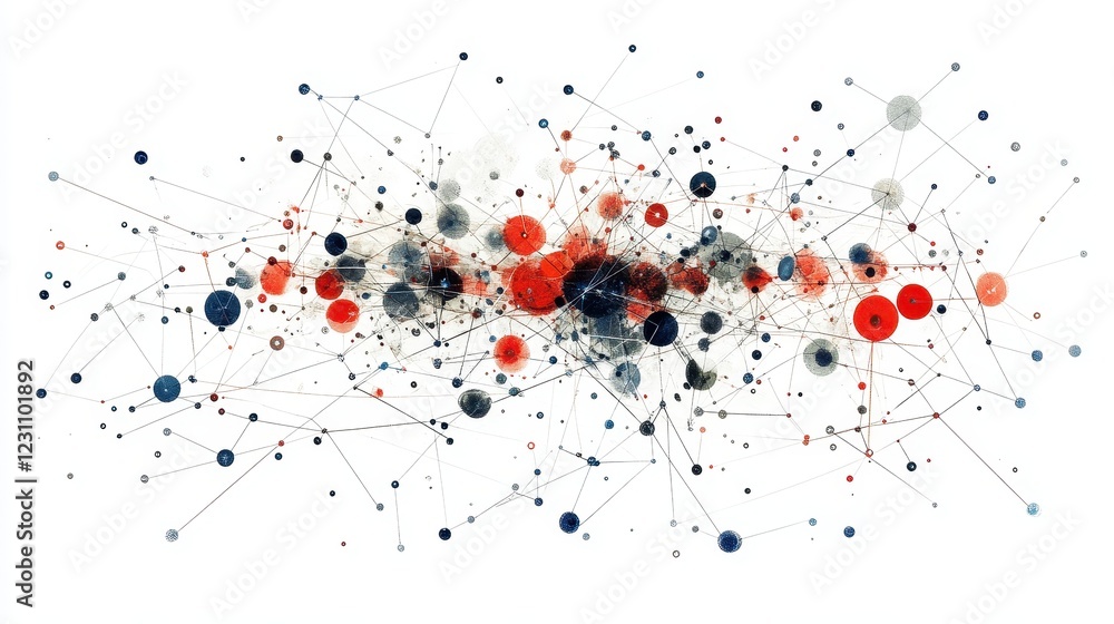 Poster abstract network of connected nodes, red, blue, and grey circles are linked by thin lines. illustrat