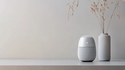 An advanced AI-powered voice assistant device in a sleek, minimalist setting, featuring a modern design and clean interface