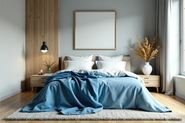 Minimalist bedroom with a plush white bed covered in a soft blue blanket, bedroom, wood, blue