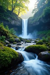 Misty morning scene of a waterfall cascading over moss-covered rocks along the Tsiribihina River, creek, morning
