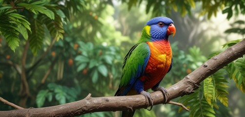 Obraz premium Rainbow Lorikeet with vibrant blue and yellow feathers perched on a sturdy branch with lush green leaves in the bright sunlight, blue feather, lorikeet, branch