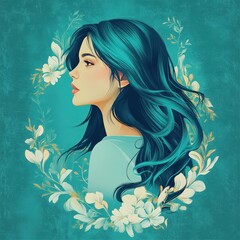 Woman with Teal Hair Framed by Delicate White Flowers