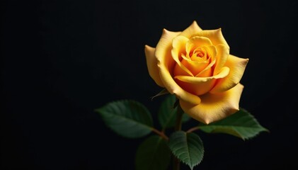 Single golden rose on dark black velvet background, luxury, elegance, darkness