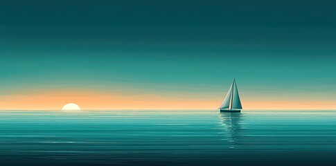 Fototapeta premium Solitary Sailboat at Sunset Over Calm Ocean Waters