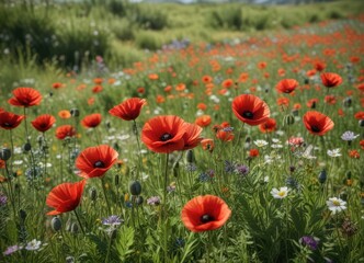 Fototapeta premium Red poppy blooms with other wildflowers in a meadow, wildflower field, clear blue sky, rural landscape