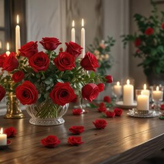 red roses on a dining table with candles and flowers, elegant, candlelight, flower arrangement