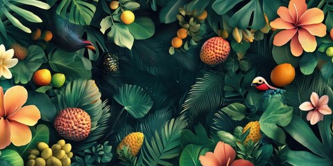Lush Tropical Paradise Featuring Birds and Exotic Fruits