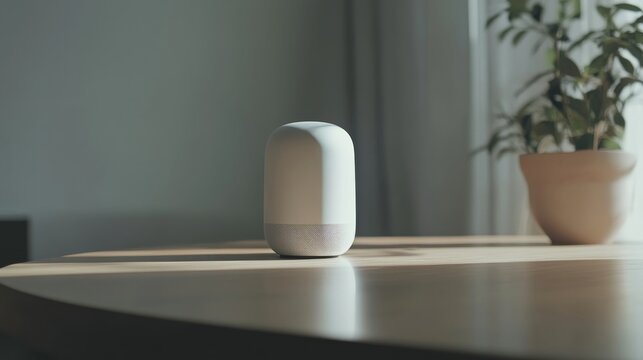 An advanced AI-powered voice assistant device in a sleek, minimalist setting, featuring a modern design and clean interface