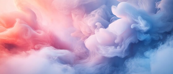 Fototapeta premium An abstract pastel background with soft clouds and swirling smoke in soothing shades of pink, blue, and purple, creating a tranquil atmosphere with plenty of space for custom text or design elements. 
