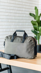 stylish gym bag rests on clean, organized bench, ready for workout. modern design complements serene environment