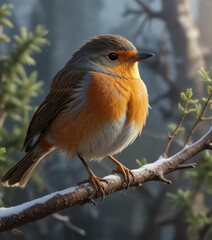 Robin perched on a thin branch with its tail feathers fluffed up against the cold, snow, feathered friend,