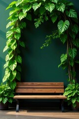 Obraz premium Tall plant with lush green leaves overhangs isolated wooden bench, overhang, isolation, solitary