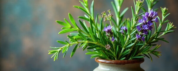 Rosemary and thyme sprigs intertwined in a vase, flowers, botanical, container