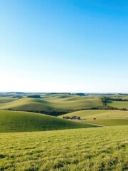 Obraz premium Rolling hills and lush green pastures of a Kentucky horse farm under a clear blue sky, Kentucky, horizon