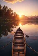 Fototapeta premium Rowing boat in a calm lake at sunset with the sun's last rays, sailing, sunset