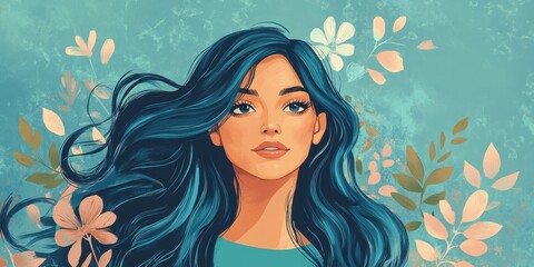 Woman with flowing teal hair amidst delicate flowers