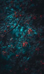 Vibrant Red Flowers Blooming on Dark Teal Green Lush Foliage in a Mysterious Garden