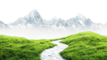 Snowy mountain range looming over green grass field with transparent background