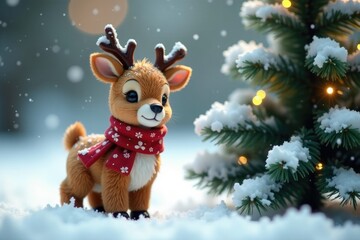 Fototapeta premium Tiny reindeer in floral scarf beside snow-covered Christmas tree, Reindeer, Snow
