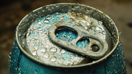 Refreshing beverage can with dew drops outdoor setting close-up nature detailed view beverage refreshment